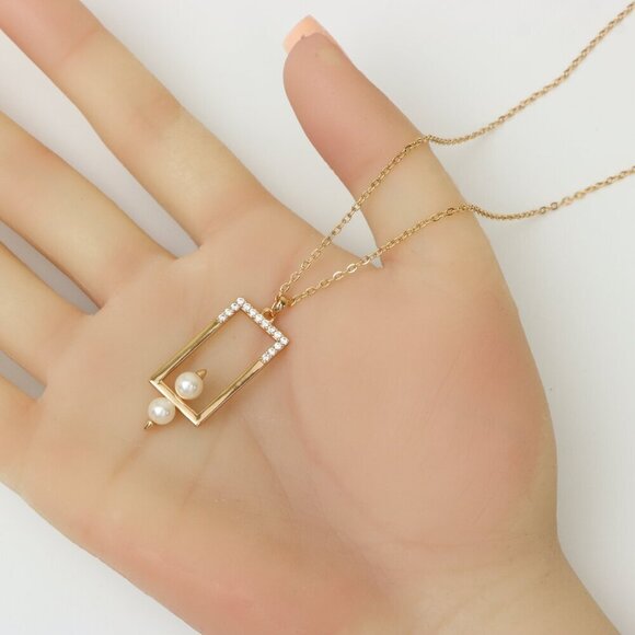 Geometric Pearl Drop Rose Gold Necklace, XPNL0212 - Picture 2 of 13